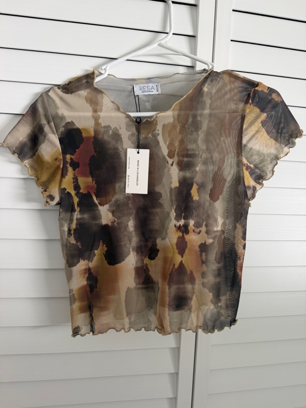 RESA Sheer Short Sleeve Top in Brown, Tan & Black Watercolor Print